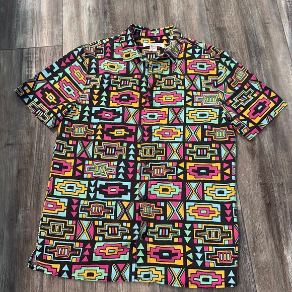 H&M Coachella Mens Small Geo Print Shirt Top Multicolor Button Short Sleeve - Picture 2 of 8